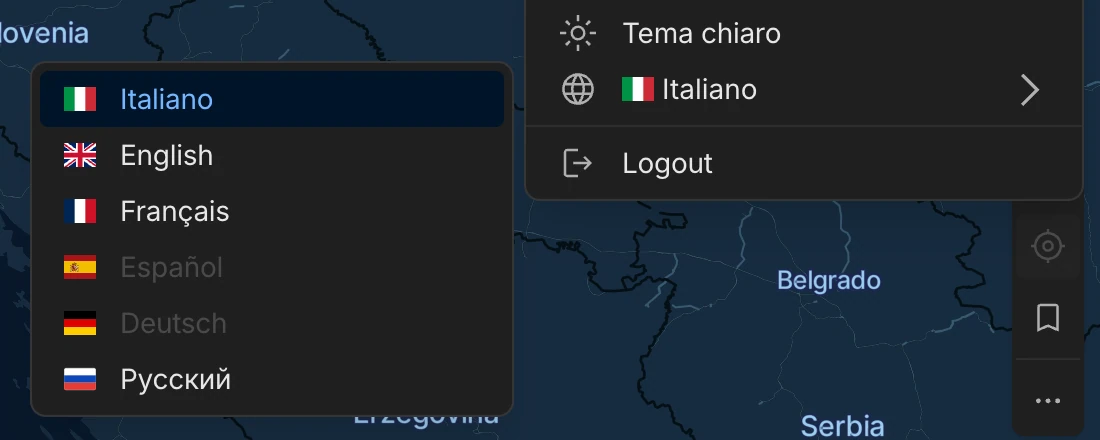 Menu Account aperto con le voci Tema chiaro, Italiano e Logout e il sottomenu delle lingue, con Español e Deutsch in grigio.