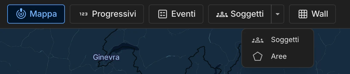 Barra di navigazione con il menu della freccia accanto a Soggetti aperto, che contiene le voci Soggetti e Aree.