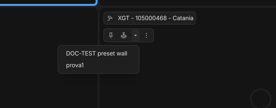 Riquadro di una telecamera nel wall con la barra delle azioni e l'elenco dei preset aperto dalla freccia accanto al joystick.