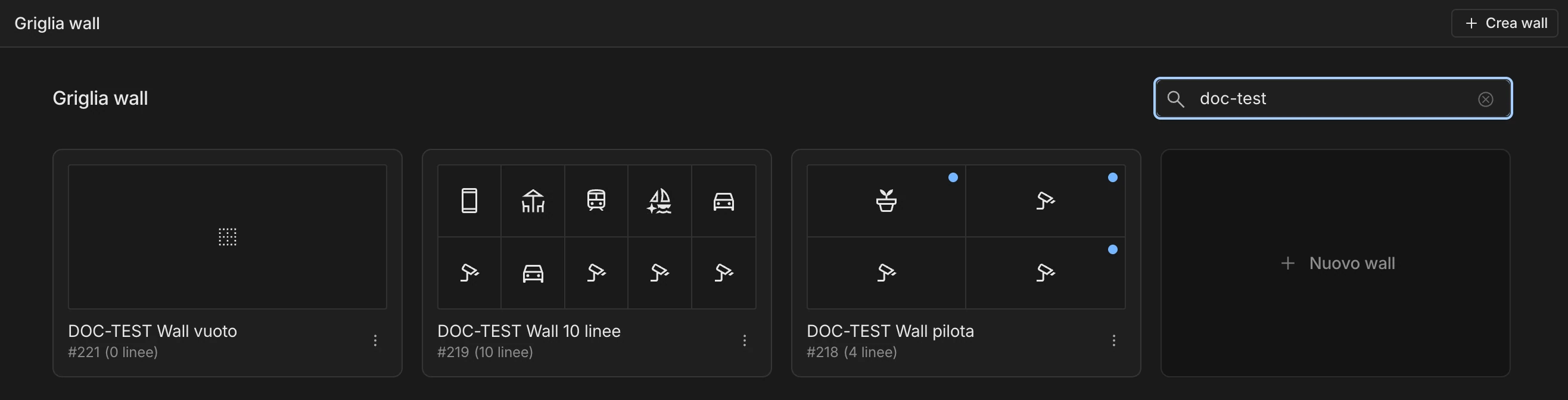 Pagina Griglia wall con il campo Cerca aperto sul testo doc-test e visibili solo i wall corrispondenti e la scheda Nuovo wall.